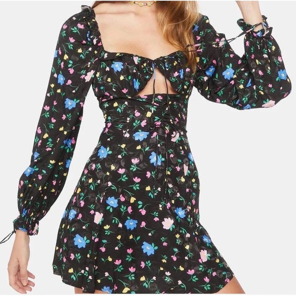 For Love & Lemons Lexy Black Floral Cutout Long‎ Sleeve Mini Dress Small